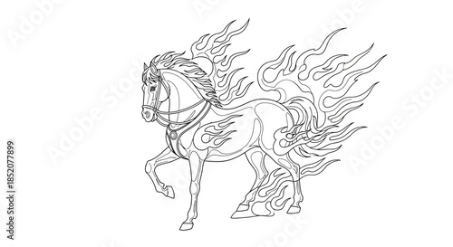 Mythical Fire Horse Illustration A Majestic Equine Creature Adorned with Flames and a Fiery Mane, Depicted in a Stylized Outline Art Style