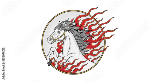 Fiery Stallion Emblem A Majestic White Horse Galloping with Flames Emanating from its Mane and Tail, Evoking Power and Speed