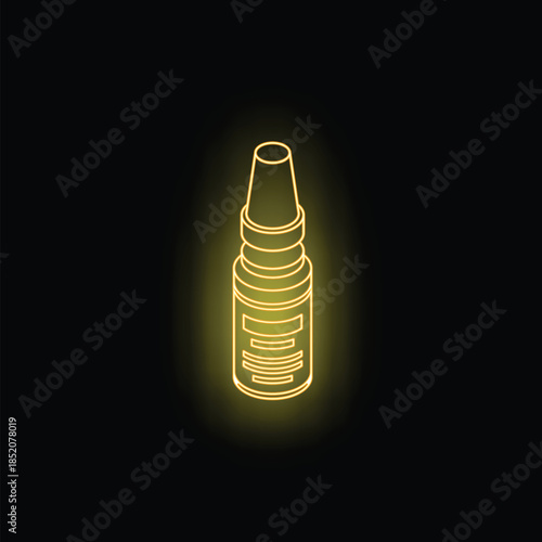 Neon yellow nasal spray container glowing on black background, concept for allergy relief, medicine, pharmaceutics and healthcare