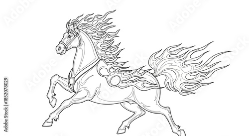 Fiery Stallion Galloping Majestic Horse with Flaming Mane and Tail in Dynamic Motion, Artistic Illustration