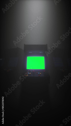 Nostalgic Retro Arcade Machines Glowing Green Screens, Colorful Buttons, and Joysticks in Dimly Lit Room Creating Mysterious Atmosphere for Gaming Enthusiasts