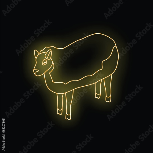 Yellow neon sign depicting farm animal standing on black background, concept for livestock farming or agriculture