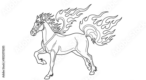 Mythical Fiery Stallion Galloping with Flames Emanating from Mane and Tail, Outline Illustration