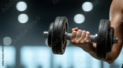 Close-up of a person's sweaty hand holding a dumbbell in a gym