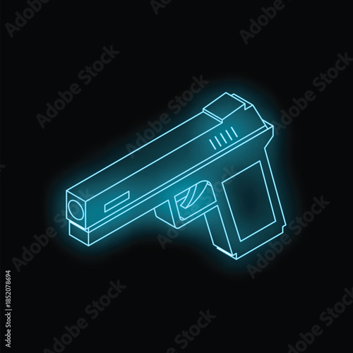 Neon blue outline of a pistol glowing on black background, concept for video game, crime, danger
