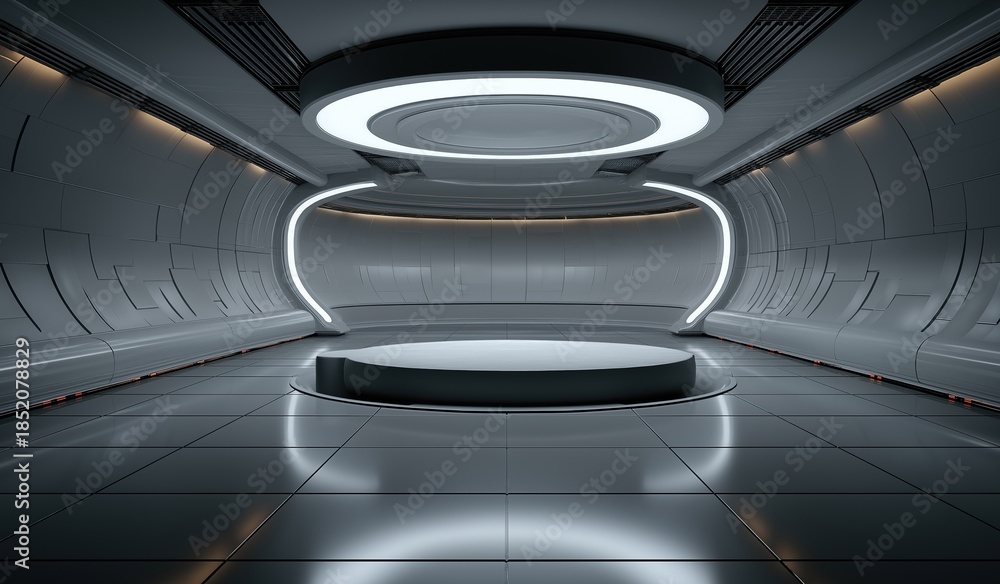 Fototapeta premium Sleek futuristic circular podium against backdrop of advanced space station interior with metallic walls and glowing LED lights, soft ambient lighting