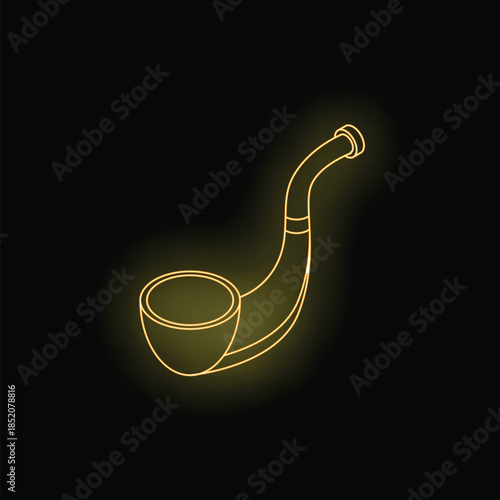 Golden neon style line art illustration of a tobacco pipe icon glowing on a black background