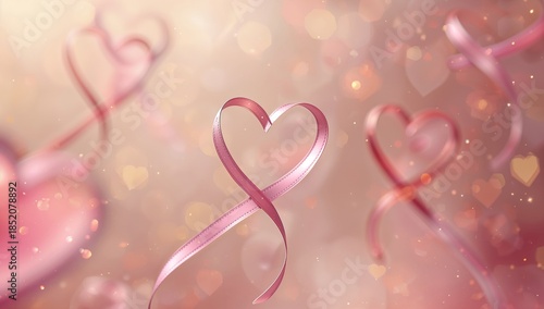 Pink Heart Ribbons Float on a Blurred Background With Shimmering Bokeh Lights...