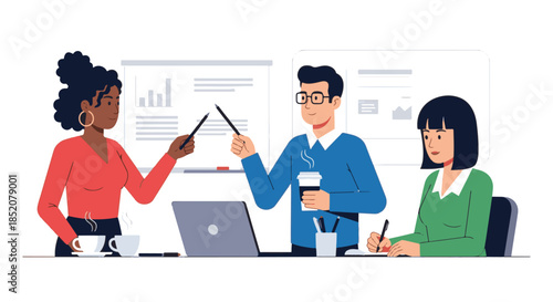 Diverse team members collaborating in a meeting, presenting a presentation with a whiteboard.