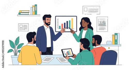 Diverse team members collaborating during a business presentation with data analysis and charts