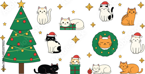 Cute Christmas cats illustration with festive tree, wreath, gifts and holiday decorations, adorable winter cartoon characters for seasonal design and greetings