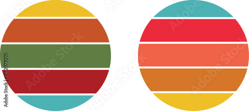 Two captivating retro vintage sunset gradient striped circle designs, showcasing a spectrum of warm and cool horizontal colors, perfect for modern graphic elements and creative backdrops