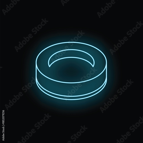 Bright neon blue hockey puck glowing on dark background, ice hockey sports concept