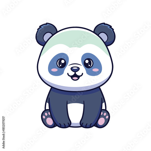 A cute cartoon panda bear illustration sits smiling on a white background.