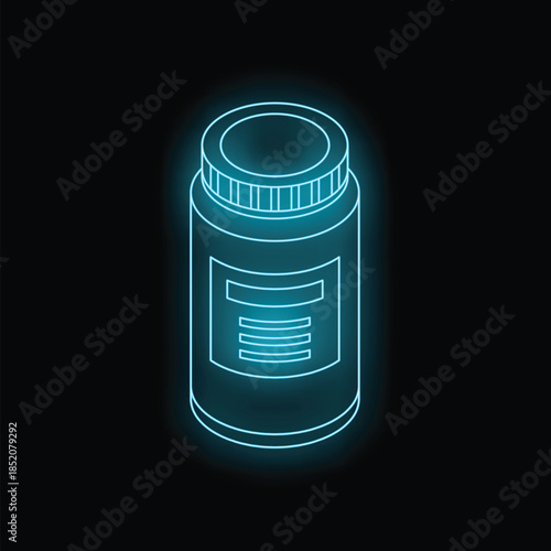 Neon blue medicine bottle glowing on a dark background, representing pharmaceutical products, healthcare, and wellness