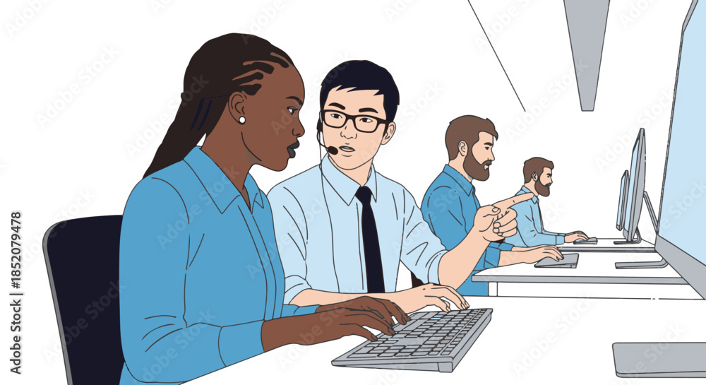 Fototapeta premium Diverse team collaborating on computers in a modern office environment, teamwork concept