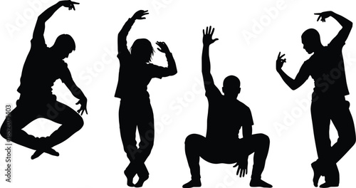 Dance pose silhouette icon set, black illustration of expressive movement, choreography, and performance art concept graphic