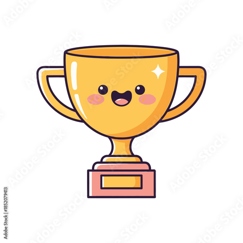 A cheerful cartoon trophy with a smiling face sits on a pink base.