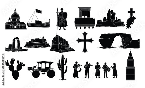 A vector set of landmarks and monuments with ships and boats