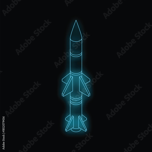 Stylized ballistic missile with glowing neon blue outline on a dark background representing military technology and power