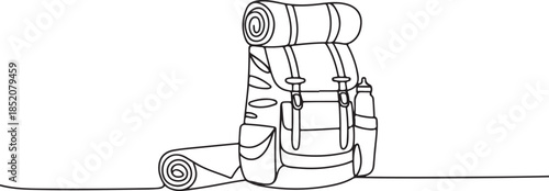  A detailed outline illustration of a large rucksack packed for a trip, highlighting its functional design for carrying essential outdoor gear like a sleeping bag or mat.