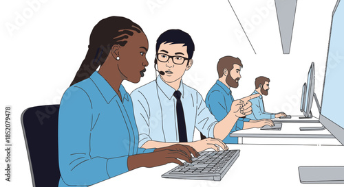 Diverse team collaborating on computers in a modern office environment, teamwork concept