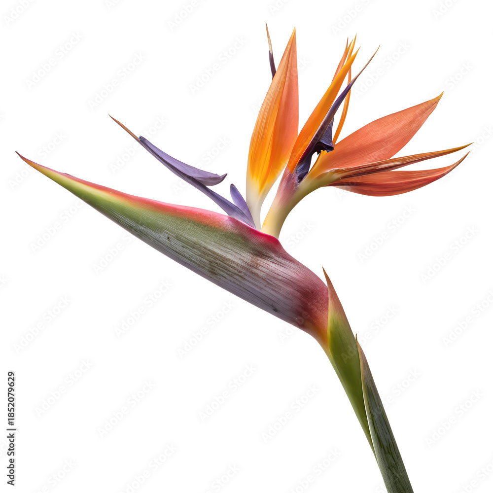 Obraz premium Illustration of vibrant bird of paradise flower isolated on transparent background with colorful petals and green stem