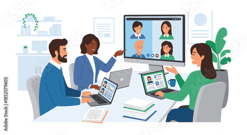 Diverse Team Collaborating on a Video Conference Call in a Modern Office Setting