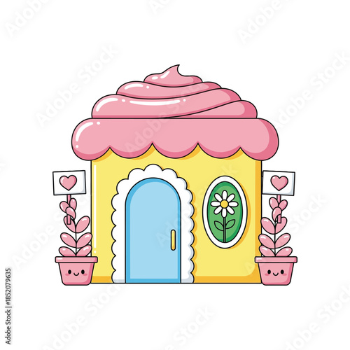 An illustration of a colorful house with a pink roof and plants outside.