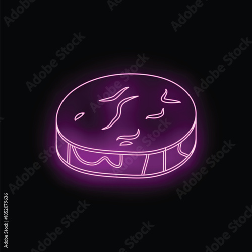 Neon purple hamburger patty glowing on black background, perfect for fast food restaurants and menus