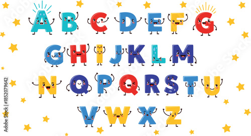 Cute colorful cartoon alphabet letters with smiling faces, playful characters for kids education, preschool learning, typography and fun design elements