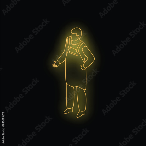 Isometric projection of a waiter wearing apron gesturing on black background, yellow neon style