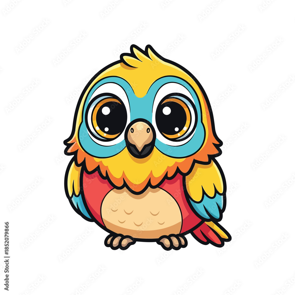 Fototapeta premium A colorful cartoon parrot with big eyes is standing on a plain white background now.