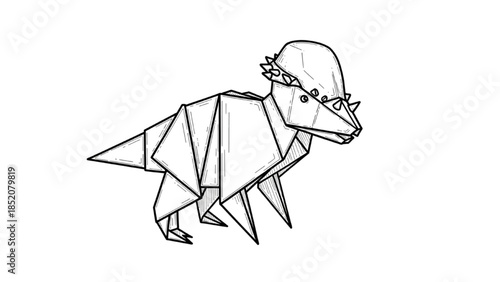 Detailed line art illustration of an origami Pachycephalosaurus dinosaur, showcasing geometric folds and a prehistoric creature's form