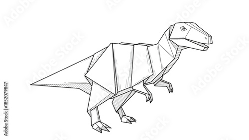 Intricate geometric illustration of a prehistoric dinosaur raptor in modern origami style with sharp angles