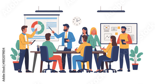 Diverse team collaborating in a modern office during a business presentation and brainstorming session