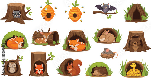 Cute Forest Animals Sleeping In Tree Stumps And Burrows Collection Isolated On White Background Flat Vector Illustration