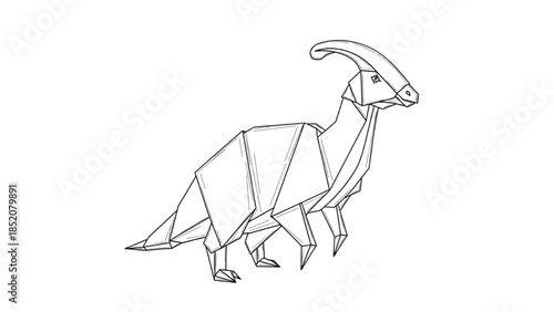 Abstract geometric line art illustration of a majestic Parasaurolophus dinosaur in classic origami folded paper style