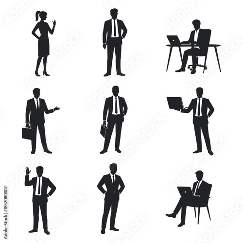 Professional business people silhouettes illustrating various corporate roles and activities