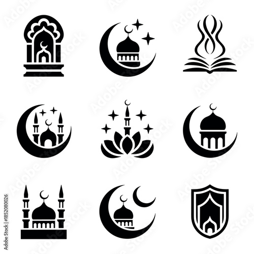 Elegant collection of diverse black islamic religious symbols and mosque vector icons for holy celebrations
