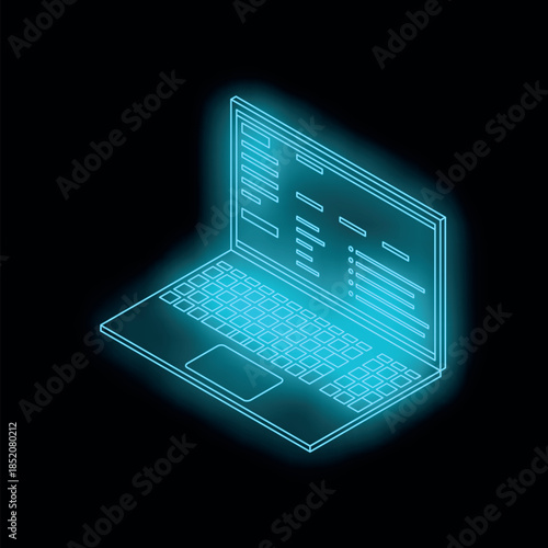 Neon blue isometric laptop showing programming code on black background, representing software development and coding