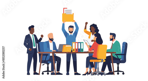 Diverse team celebrates a successful project presentation in a collaborative office meeting