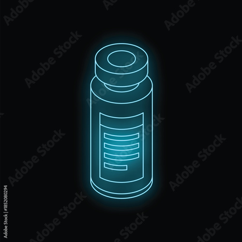 Neon blue medical vial glowing on a dark background represents healthcare innovation and pharmaceutical advancements