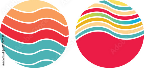 Abstract Retro Sunset Gradient Circles with Wavy Lines in Warm and Cool Tones