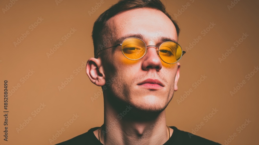 Fototapeta premium Young man wearing yellow sunglasses against a plain background in studio setting