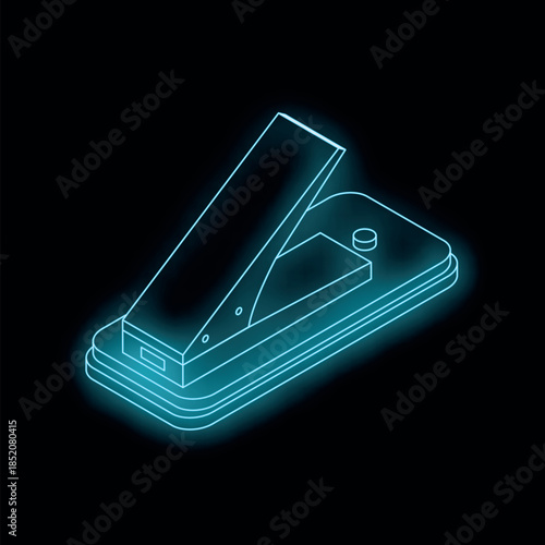 Glowing blue stapler isometric view on black background