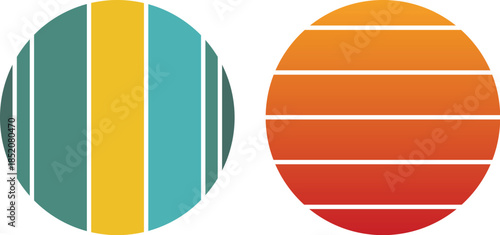 Dynamic Collection of Retro Striped Circles Abstract Graphic Elements Featuring a Vibrant Sunset Gradient and a Colorful Geometric Pattern