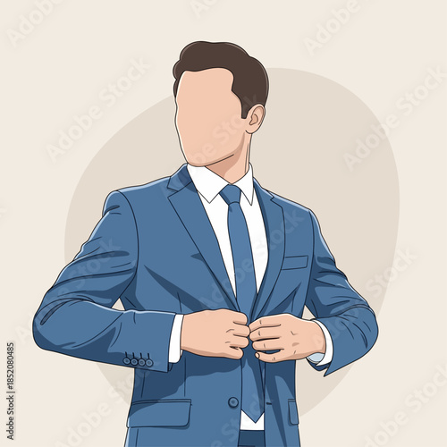 a faceless man wearing a blue formal suit and tie, adjusting his jacket