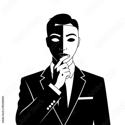 a man in a formal suit holding a theatrical mask near his face