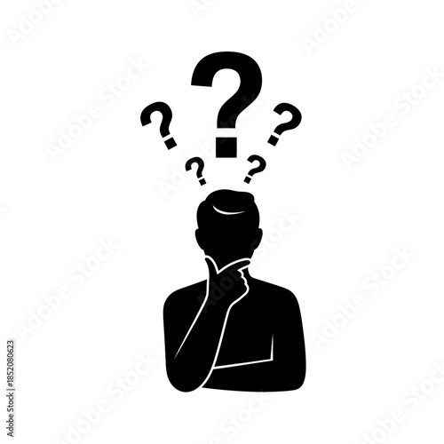 a person with several question marks floating above the head